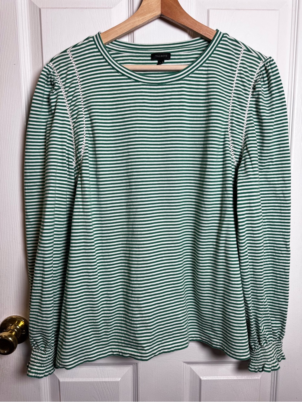Talbots XL Green White Striped Cotton Crochet Trim Puff Sleeve Top